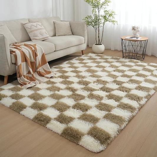 Checkered Area Rugs for Living Room 8x10, Fluffy Beige and White Checkered Rug Fuzzy Shag Shaggy Carpets for Bedroom, Soft Plush Furry Rug for Teen Room Dorm Home Decor