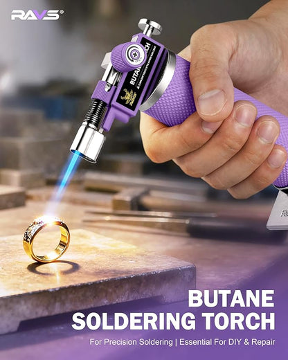 RAVS 2 Flame Mode Butane Torch Lighter, Refillable Kitchen Torch with Adjustable Flame & Safety Buckle, Metal Body Cooking Torch for Baking, BBQ, Purple Soldering Torch Butane Gas Not Included