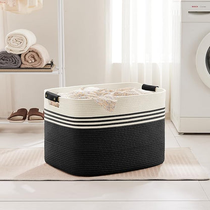 SunNewt 100L Extra Large Laundry Basket with Leather Handles for Living Room Storage, Woven Rope Baskets for Blanket, Kids Toy, Gifts, Wicker Hamper for Bedroom Dirty Clothes, 24"x16"x16" White Black