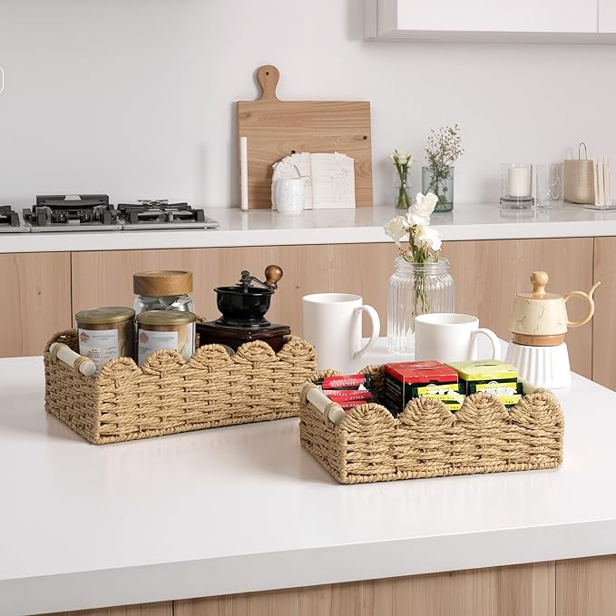 StorageWorks Toilet Paper Storage Basket, Living Room Organizers and Storage, Toilet Paper Basket with Wooden Handles, Small Paper Rope Scalloped Basket, Brown