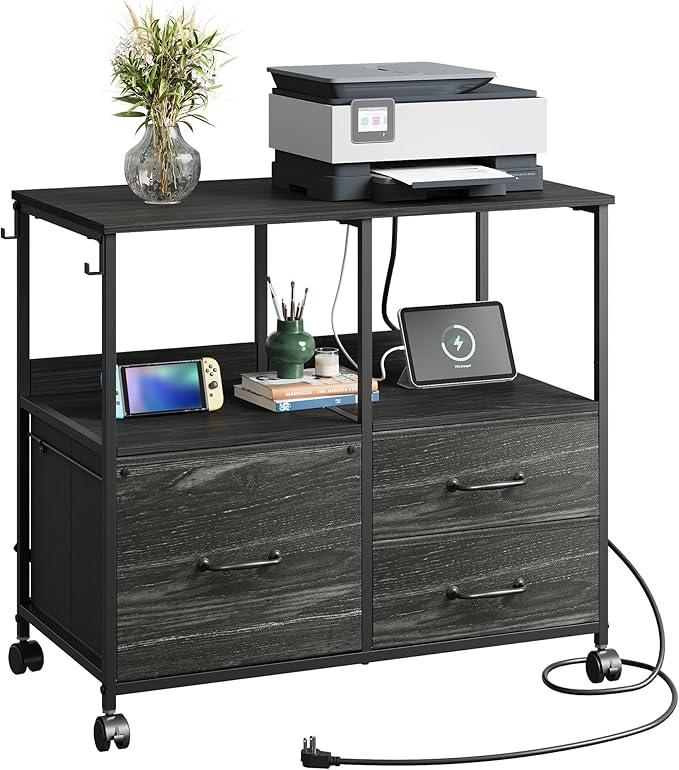DEVAISE 3 Drawer File Cabinet with Charging Station, Rolling Printer Stand for Office Storage, Mobile Filing Cabinet fits Under Desk Storage, Charcoal Black Wood Grain Print