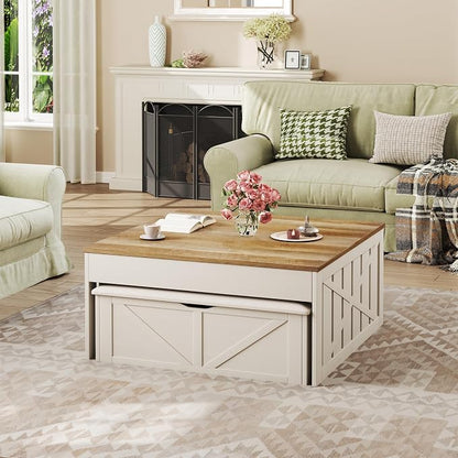 HUAHUU Lift Top Coffee Table with Storage Hidden Compartment, 31.5" Farmhouse Coffee Tables with Ottoman Bench, Center Table with Wooden Lift Tabletop for Living Room, White
