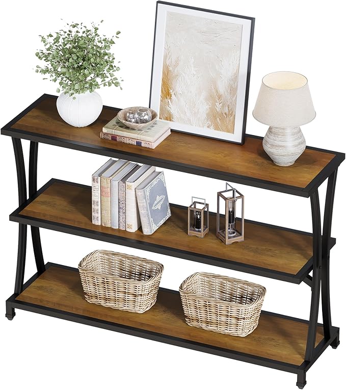 Tribesigns Industrial 3-Tier Console Table, Rustic Narrow Entryway Sofa Table with Storage Shelves for Living Room, Hallway, Foyer