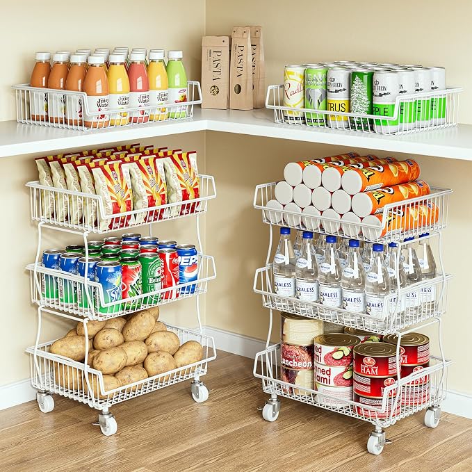 OKZEST Pantry Organizers and Storage Cart with Upgraded Metal Hub Casters | Fits under pantry shelf, stackable fine-mesh wire baskets, 3-tier rolling cart holds drink, snack, can, potato, onion, fruit