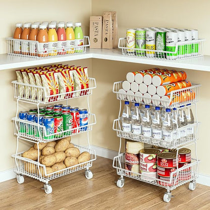 OKZEST Pantry Organizers and Storage Cart with Upgraded Metal Hub Casters | Fits under pantry shelf, stackable fine-mesh wire baskets, 3-tier rolling cart holds drink, snack, can, potato, onion, fruit