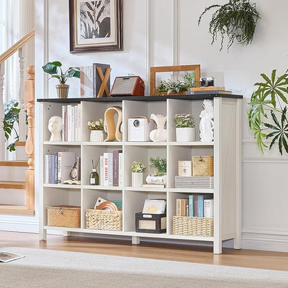 12 Cube Storage Organizer, Farmhouse 62 Inch Warm White Display Bookshelf, Wooden 3 Tier Large Open Book Shelf, Modern Bookcase for Home Office, Rustic Cubby Cabinet for Living Room, Bedroom