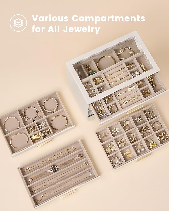 Lolalet Jewelry Box Organizer, 6-Layer Jewelry Organizers and Storage Case with Glass Lid, Ring Earring Bracelet Necklace Holder Organizer, Birthday Valentine Gifts for Women Girls -6Layer, Beige