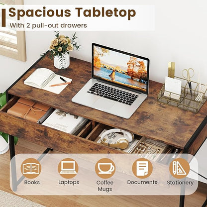 GOFLAME Modern 2-Drawer Computer Desk, Home Office Desk w/Reinforced Heavy-Duty Metal Frame, Versatile Study Writing Desk w/Anti-Tip Kit, Ideal for Bedroom, Study, Office, Small Spaces, Rustic Brown