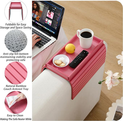Bamboo Couch Arm Tray Table，Foldable Sofa Armrest Tray Table for Couch，Flexible and Anti-Slip Couch Arm Cup Holder，Portable Sofa Arm Chair Table for Drink,Cups, Eats，Snacks, Phone, Remote (Pink)