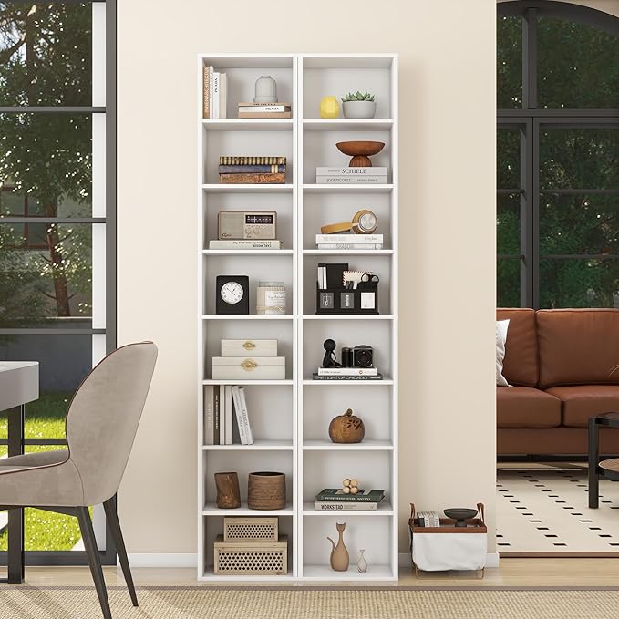 Panana 8 Tier Storage Shelf Bookcase, Slim Organizer Shelves Cabinet Tall Narrow Media Tower Rack Display Bookshelf for Home Office (White)