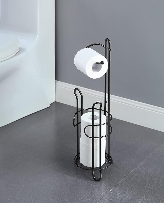 SunnyPoint Freestanding Toilet Paper Holder with Storage – Holds 3 Spare Rolls, Heavy-Duty Steel, Black Finish, Easy Assembly, Space-Saving Bathroom Organizer