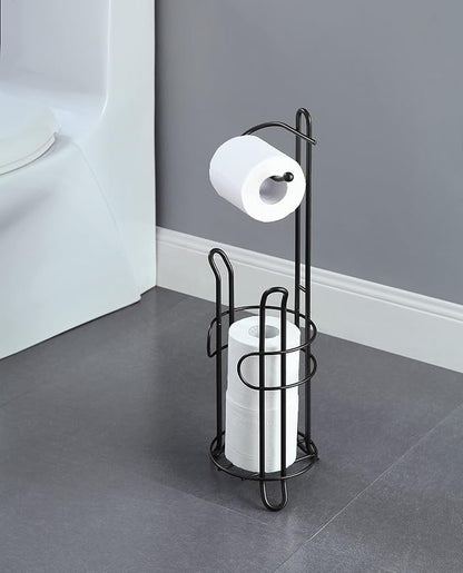 SunnyPoint Freestanding Toilet Paper Holder with Storage – Holds 3 Spare Rolls, Heavy-Duty Steel, Black Finish, Easy Assembly, Space-Saving Bathroom Organizer