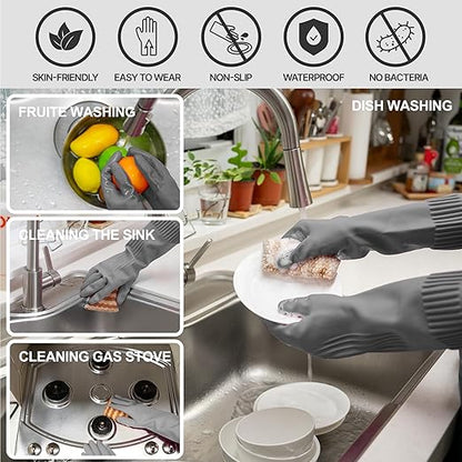 DABOGOSA Reusable Waterproof Household Dishwashing Cleaning Rubber Gloves, Non-Slip Kitchen Glove (Grey, Medium (Pack of 3))