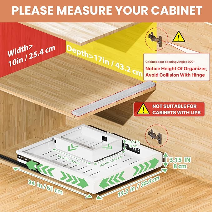2 Pack Pull out Cabinet Organizer, Width (10"-16") Depth (17"-25"), with 3 Rails Adjustable Slide, Expandable Pullout Drawers for Cabinets, No Drill Adhesive Kitchen Drawers for Pantry Shelves