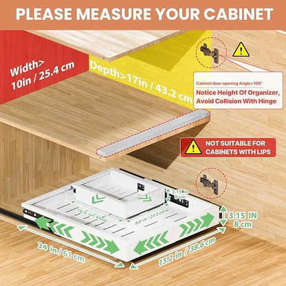 2 Pack Pull out Cabinet Organizer, Width (10"-16") Depth (17"-25"), with 3 Rails Adjustable Slide, Expandable Pullout Drawers for Cabinets, No Drill Adhesive Kitchen Drawers for Pantry Shelves