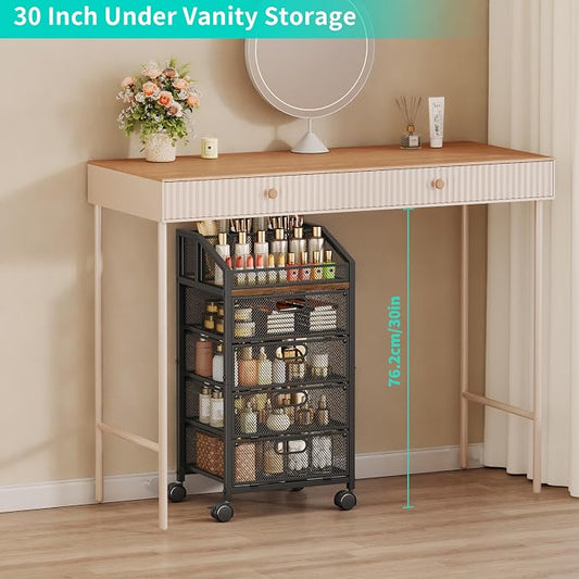 HapiRm Rolling Makeup Organizer Cart- Under Desk Vanity Storage with 4 Drawers, Floor Nail Cart Skincare Organizers Cosmetics Display Cases for Nail Polish Perfume Makeup Brush Hair Tool, Black