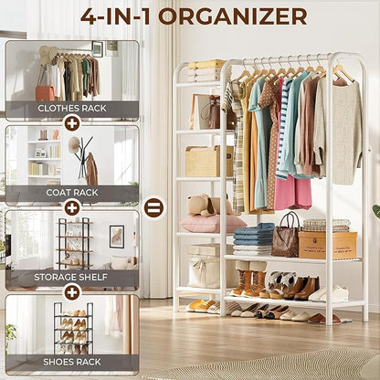 Heavy Duty Clothes Rack with 5 Tiers Shelves, Max Load 670LBS, Portable Freestanding Multi-Functional Metal Clothing Rack with Hanging Rods Organizer System for Bedroom Closet Wardrobe, White
