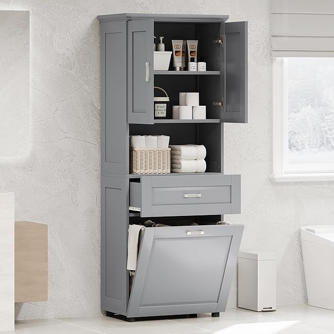 70" Tall Bathroom Storage Cabinet with Two Doors and Drawer, Open Space and Laundry Hampers for Home Display Organizer, Removable Laundry Basket, Adjustable Shelf, Gray