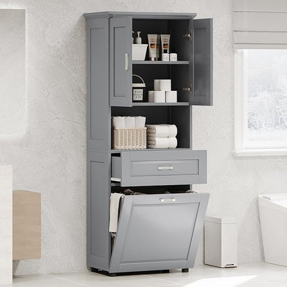 70" Tall Bathroom Storage Cabinet with Two Doors and Drawer, Open Space and Laundry Hampers for Home Display Organizer, Removable Laundry Basket, Adjustable Shelf, Gray