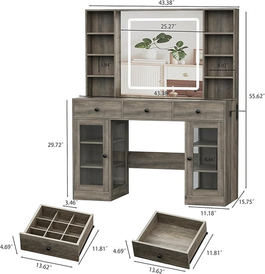 Grey Vanity Desk with Mirror and Lights, 43.4" Makeup Vanity Table Set with Lighted Mirror & RGB Glass Cabinet, 3 Drawers, Glass Top Dressing Table with Large Shelves for Girls, 3 Color Modes