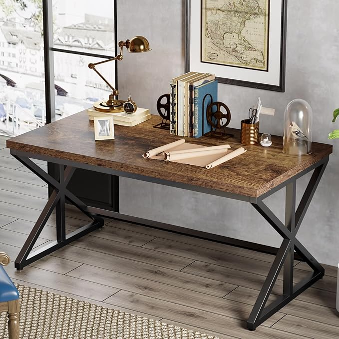 IBF Industrial Computer Desk, Rustic Wooden Metal Executive Office Desks, Large Long Simple Gaming Computer Desk Table, Wood Student Study Computer Table for Bedroom Living Room, Rustic Brown, 60 Inch