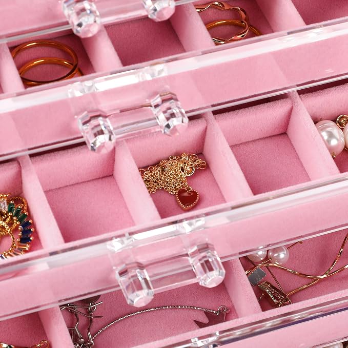 Frebeauty Acrylic Jewelry Organizer Earring Organizer Box with 5 Drawers Earring Holder Organizer with Velvet Trays Clear Jewelry Box for Women Earring Display for Rings StudsPink