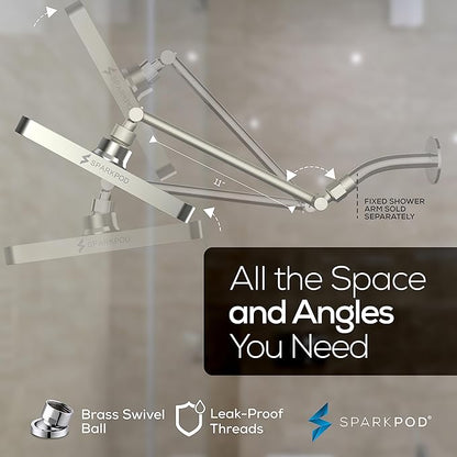 SparkPod Square Rain Shower Head with Shower Head Extension Arm - High Pressure Rain - Luxury Modern Look - No Hassle Tool-less 1-Min Installation (11" Shower Arm Extension, Elegant Brushed Nickel)