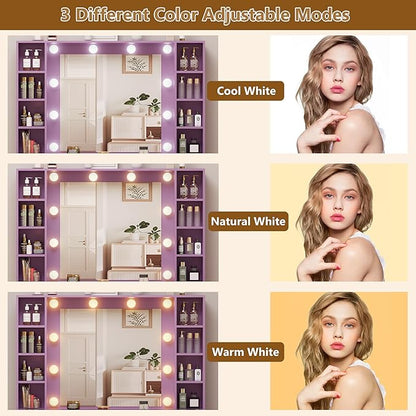 Purple Vanity Desk with Mirror and Lights, Glass Top Vanity with Lighted Mirror & RGB Glass Cabinet and 3 Drawers, Makeup Desk with Lights Dressing Table for Bedroom, 3 Color Modes