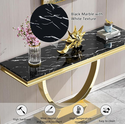 2 Piece Living Room Table Set Include 1 Faux Marble Coffee Table & 1 Console Table, Modern Black Gold Coffee Table Set of 2 with Double O Shape Stainless Steel Pedestal Base