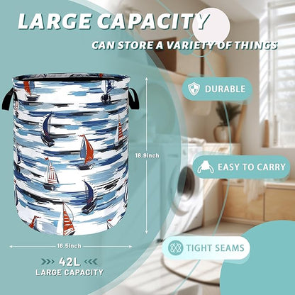 Nautical Laundry Basket Foldable Blue Seafaring Theme Print Laundry Hamper Oxford Cloth Funny Tote Bag Clothes Toy Storage Bucket For Bathroom/Laundry Storage/Bedroom 18.9 x 16.5 Inch
