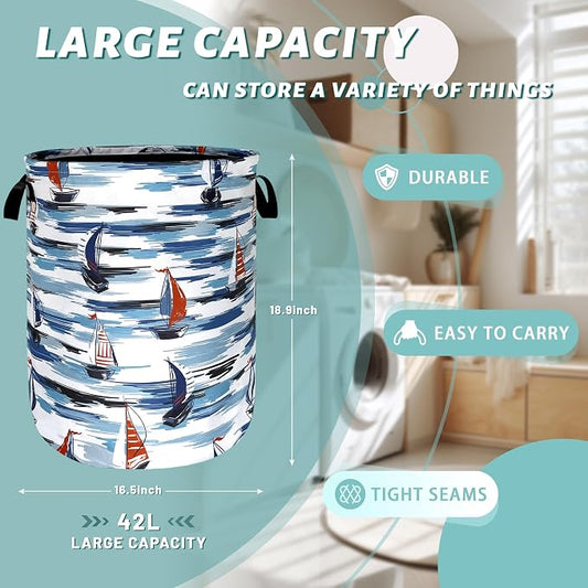 Nautical Laundry Basket Foldable Blue Seafaring Theme Print Laundry Hamper Oxford Cloth Funny Tote Bag Clothes Toy Storage Bucket For Bathroom/Laundry Storage/Bedroom 18.9 x 16.5 Inch