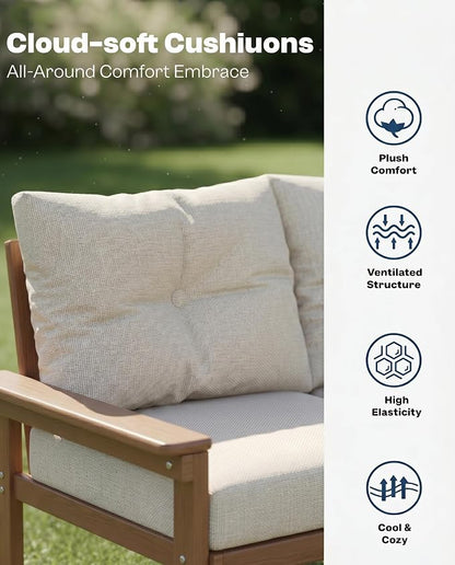 2-Piece Teak Patio Conversation Set, HDPE 3-Seat Sofa with Coffee Table, Teak Frame with Thick Beige Cushions, Outdoor Couch for Balcony