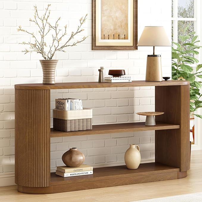 Merax Modern Entryway Console Table with Triple-Tier Storage, Slim Sofa Table with Open Shelf & Elegant Wood Grain, Multi-Functional Hallway Table for Living Room, Brown