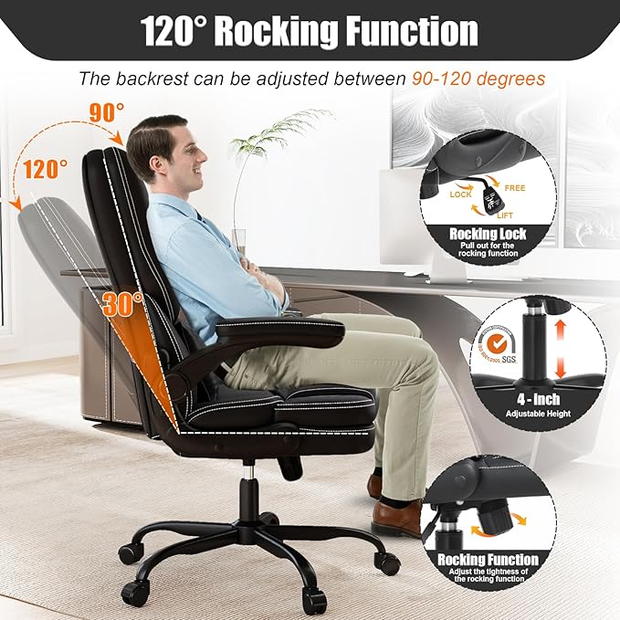 Ergonomic Office Chair with Flip-up Armrests 300lbs,Middle-Tall Computer Office Desk Chair with Lumbar Support,Executive Leather Chair with Rocking Function Adjustable Height for Home Office