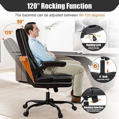 Ergonomic Office Chair with Flip-up Armrests 300lbs,Middle-Tall Computer Office Desk Chair with Lumbar Support,Executive Leather Chair with Rocking Function Adjustable Height for Home Office