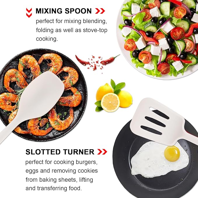 IOCBYHZ Silicone Kitchen Utensils Set of 4, Large Non-Stick Cooking Utensil Set w Wooden Handle Food Grade Heat Resistance Turner Spoon Silicone Cooking Kitchen Gadgets BPA Free for Nonstick Cookware