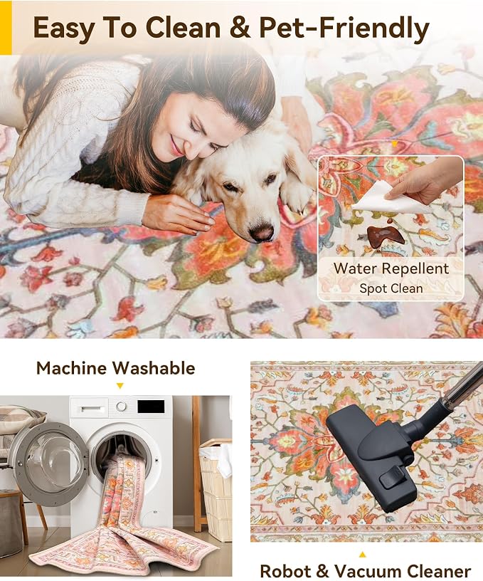 RELEANY Area Rugs Round 7ft Washable Non-Slip, Floral Vintage Distress Medallion Carpet for Living Room Bedroom Dining Room, Light Pink Colorful