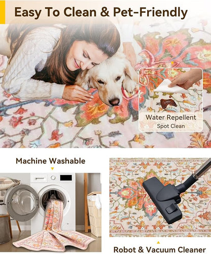 RELEANY Area Rugs Round 7ft Washable Non-Slip, Floral Vintage Distress Medallion Carpet for Living Room Bedroom Dining Room, Light Pink Colorful