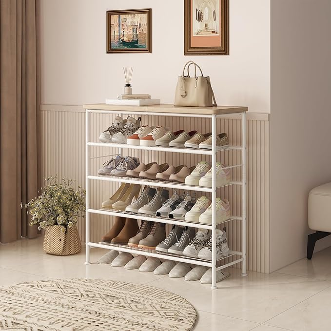 SUOERNUO Shoe Rack Organizer 5 Tier for Closet Entryway Free Standing Metal Storage Shoe Shelf with MDF Top Board，White+Oak