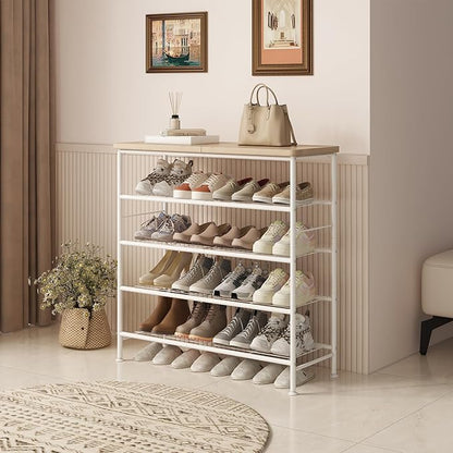 SUOERNUO Shoe Rack Organizer 5 Tier for Closet Entryway Free Standing Metal Storage Shoe Shelf with MDF Top Board，White+Oak