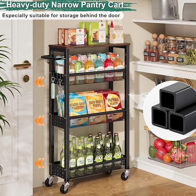 Utility Slim Storage Cart, Skinny Rolling Spice Rack with Table Top, Small Laundry Organizers and Storage Shelves for Between Washer and Dryer, Thin Shelf for Narrow Spaces, 4 Tier Bathroom Cabinet
