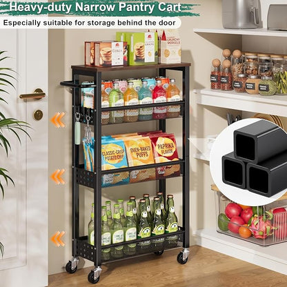 Utility Slim Storage Cart, Skinny Rolling Spice Rack with Table Top, Small Laundry Organizers and Storage Shelves for Between Washer and Dryer, Thin Shelf for Narrow Spaces, 4 Tier Bathroom Cabinet