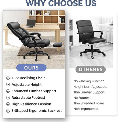 Office Chair, Big and Tall Office Desk Chair, Reclining Office Chair with Footrest Home Office Desk Chairs, High Back Ergonomic with Lumbar Support, Executive Leather
