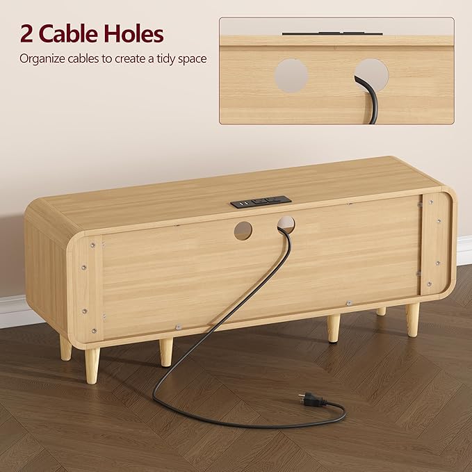 Keehusux Rattan TV Stand for 60 Inch TV, Entertainment Center with Charging Station & Solid Wood Legs, Adjustable Shelf & 2 Cabinet, Boho TV Console, Modern Media Console for Living Room, Natural Oak