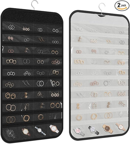 2 Pack Hanging Jewelry Organizer 80-Pocket Dual-sided Jewelry Storage for Earring Necklace Bracelet Ring Travel Holder, Black and White