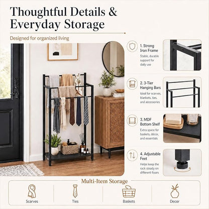 Freestanding Towel Rack, 3 Tier Blanket Ladder Stand with Black Wooden Shelf for Bathroom Living Room (31.5" H x 16.9" W x7.9 D)