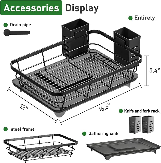 Dish Drying Rack for Kitchen Counter, Large Capacity Rust Resistant Rack with Removable Utensil Holder, Space-Saving Sink Organizer for Home and Apartment, 12" W x 16.6" L (Black)