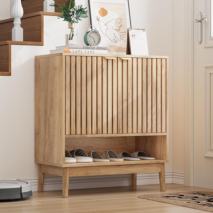 Shoe Cabinet with Slatted Doors, Freestanding Shoe Cabinet Storage for Entryway, 4-Tier Entryway Shoe Organizer Cabinets with Shelves (Oak, 27.6" Wide)