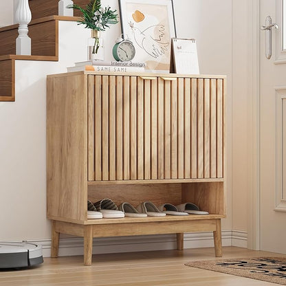 Shoe Cabinet with Slatted Doors, Freestanding Shoe Cabinet Storage for Entryway, 4-Tier Entryway Shoe Organizer Cabinets with Shelves (Oak, 27.6" Wide)