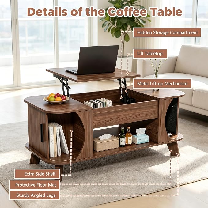 Lift Top Coffee Table with Storage, Wood Tabletop Center Table with Large Storage Shelf, Mid Century Modern Coffee Table for Living Room
